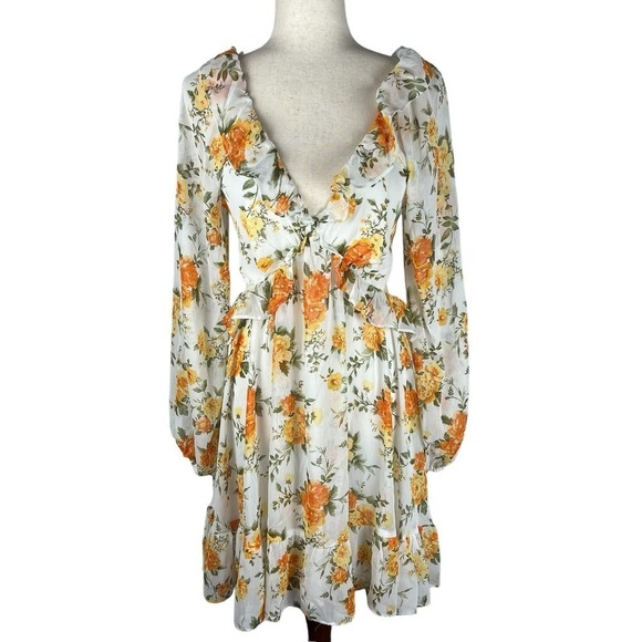 VICI‎ FLORAL LONG SLEEVE CUTOUT BACK CHIFFON BABYDOLL DRESS NWT WOMEN'S MEDIUM - Picture 3 of 16